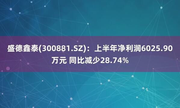 盛德鑫泰(300881.SZ)：上半年净利润6025.90万元 同比减少28.74%